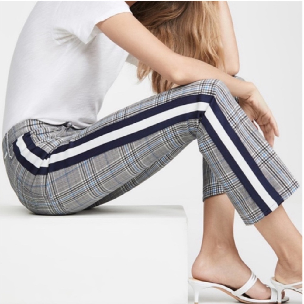 MOTHER The Insider Ankle Blue Grey Plaid Crop Pant with Racing Stripe